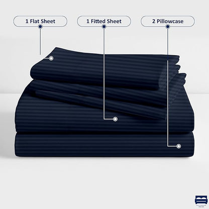 Navy Blue Stripe 4-Piece Cot Linen Set - Fitted Sheet 33" x 75", Flat Sheet 64" x 94", 2 Pillow Cases 20" x 30" - Perfect for Folding Guest or Rollaway Beds