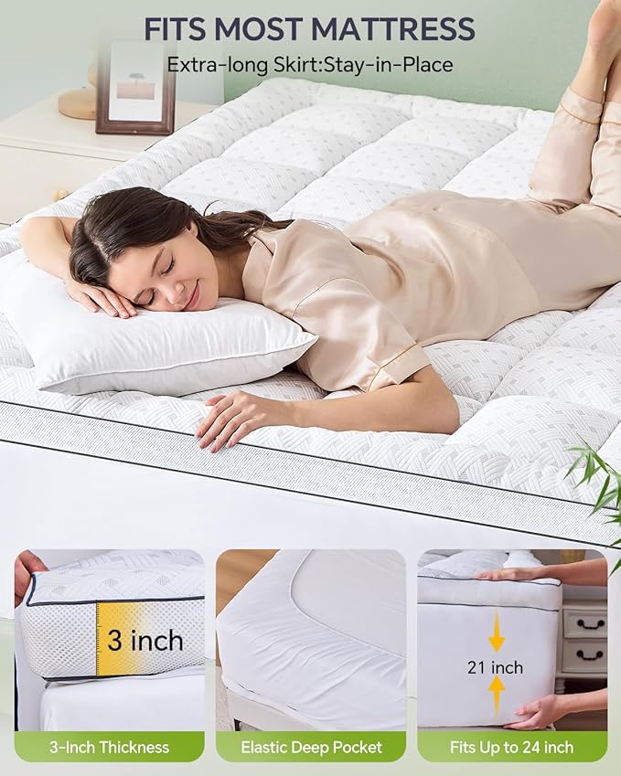 Twin XL College Dorm Room Essentials 3 Inch Mattress Topper Twin XL,Pillow Top Mattress Topper Memory Foam with Bamboo Rayon Cover,Cooling Breathable Mesh Side Mattress Pad,21" Deep Pocket