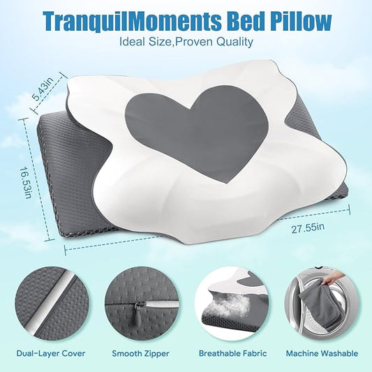 Cervical Neck Pillow for Sleeping, Memory Foam Pillow for Neck Support, Set of 2, Ergonomic Pillow for Pain Relief, Contour Bed Pillow for Side Back Stomach Sleepers, Grey, King Size