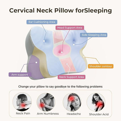 Cervical Pillow for Neck and Shoulder, Ergonomic Memory Foam Pillows for Sleeping, Dual Ear Relief Zone Contour Pillow,Support Pillow for Side Back Stomach Sleepers (Gray)