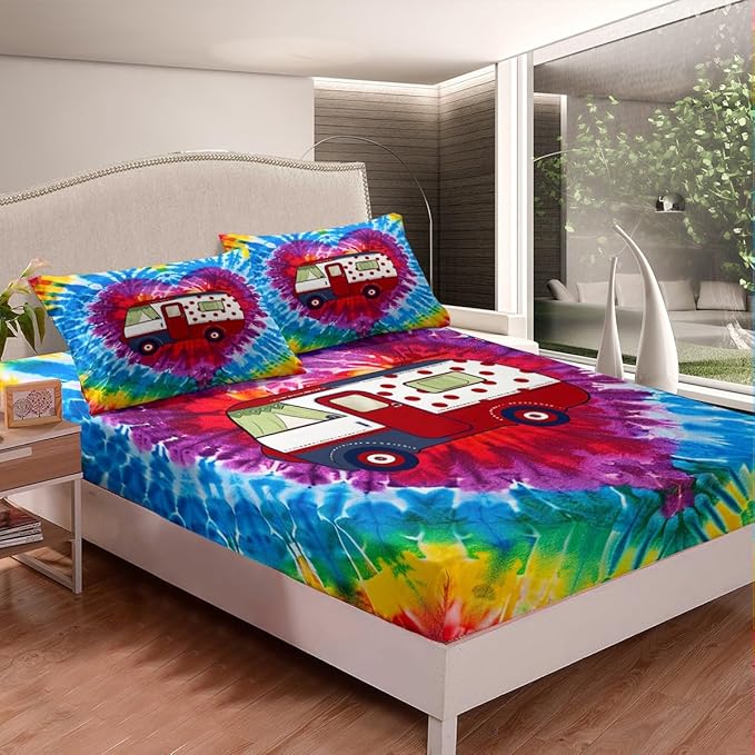 Manfei Camping Trailer Bed Sheet 4 Piece,Watercolor Love Heart Boho Tie Dye Paint Sheets Full Size Bed Set,Nature Tourism Theme Colorful Bedding Set with Flat,Fitted Sheet,2 Pillow Cases