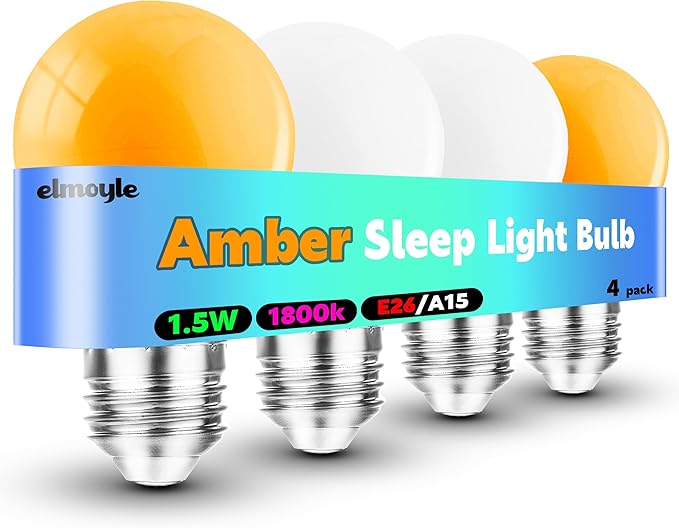 Amber Light Bulbs 1800k, 1.5w Warm Night Light Bulb 15Watt Equivalent, A15 Low Lumen Light Bulb 130lm, E26 Low Brightness Light Bulbs Amber for Healthy Sleep, Bedroom, Kid's Room, Non-Dimmable, 4 Pack