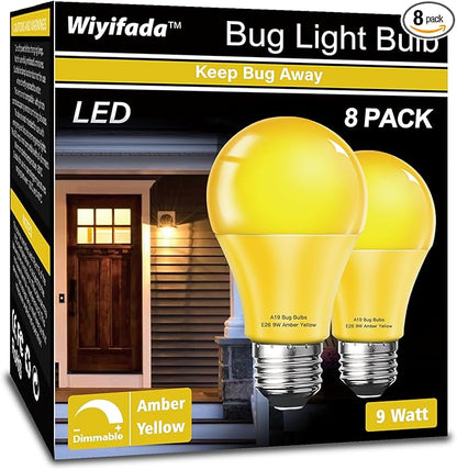 LED Bug Light Bulbs Outdoor 8 Pack,Dimmable 9W Amber Yellow Bug Light Bulbs, 100W Equivalent,A19 Bug Lights for Outside, Bedroom, Hallway Porch Light