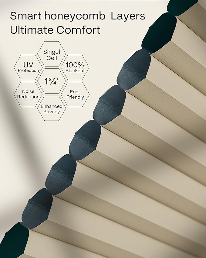 Graywind Motorized Matter Cellular Shades- 100% Blackout 1-3/4"Cell Honeycomb Blinds for Indoor Windows, Compatible with Alexa Google Siri, Custom Size,Beige