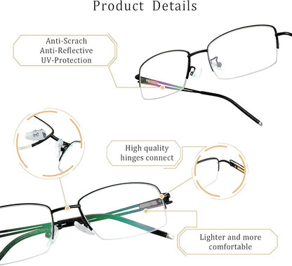 LifeArt Alloy Semi-Rimless Reading Glasses,Blue Light Blocking Glasses, Anti Eyestrain, Computer Gaming Glasses, TV Glasses for Men, Anti Glare (Black, +2.00 Magnification)
