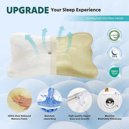 DUMOS Cervical Neck Pillow Set of 2, Memory Foam Contour Pillow with Arm Rest Slot and Soft Breathable Pillowcase, Ergonomic Dual-Height Orthopedic Support for Side, Back, and Stomach Sleepers, White