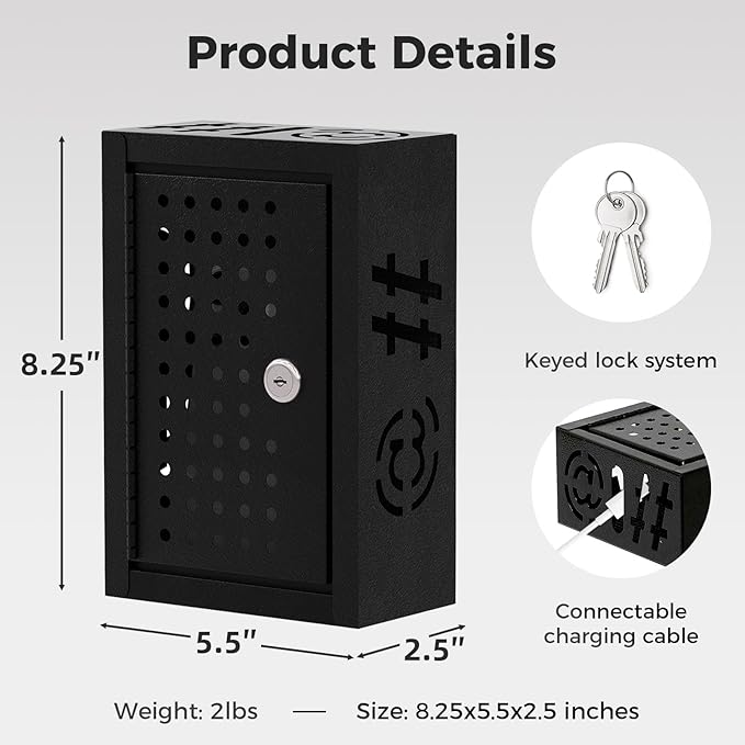 OSKIE Phone Downtime Box - Lockable Smartphone Storage for Home & Office, Key Lock Secure Metal Organize, Wall Mountable, 8.25” x 5.5” x 2.5” (Black)