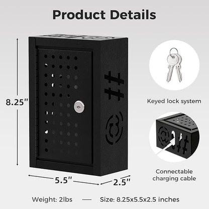 OSKIE Phone Downtime Box - Lockable Smartphone Storage for Home & Office, Key Lock Secure Metal Organize, Wall Mountable, 8.25” x 5.5” x 2.5” (Black)