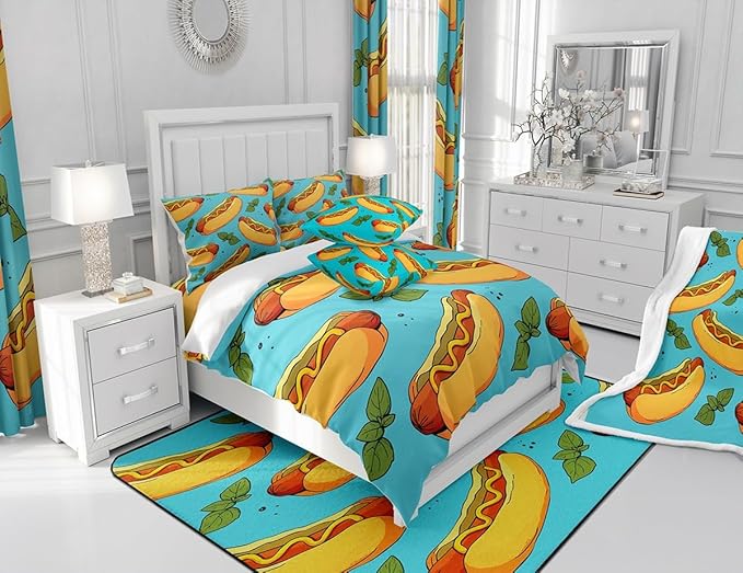Manfei Fast Food Sheet Set Twin Size, American Cartoon Hot Dog Hamburg Bedding Set for Kids Boys Girls Room Decor, Creative Abstract Bed Sheet Set 3pcs (Fitted Sheet, Flat Sheet, 1 Pillowcase)