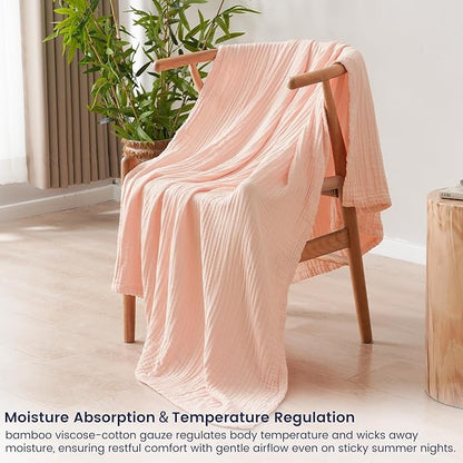 PHF Cooling Muslin Throw Blanket for Hot Sleepers, 60% Viscose from Bamboo, 40% Cotton and 4-Layer Breathable Gauze Blanket for Bed Couch, 50"x60", Pink Rose
