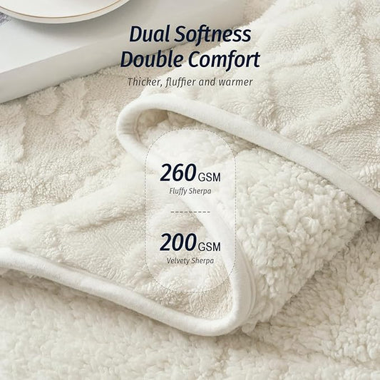 Wemore Weighted Blanket for Adults Twin Size 15 lbs, Dual Sided Soft Fuzzy Jacquard Sherpa Weighted Blankets for Sleeping, Cozy Fluffy Knitted Heavy Blanket for Couch Bed, Cream White, 60 x 80 inches