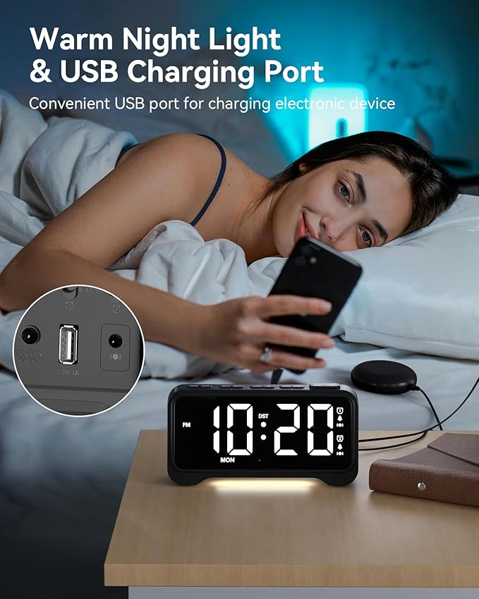 Vibrating Alarm Clock for Heavy Sleepers, Digital Alarm Clock with Bed Shaker, RGB Colorful Changing, Night Light, USB Charger, Dimmable Loud Bedside Desk Clock for kids, Hearing Impaired Deaf, Adults