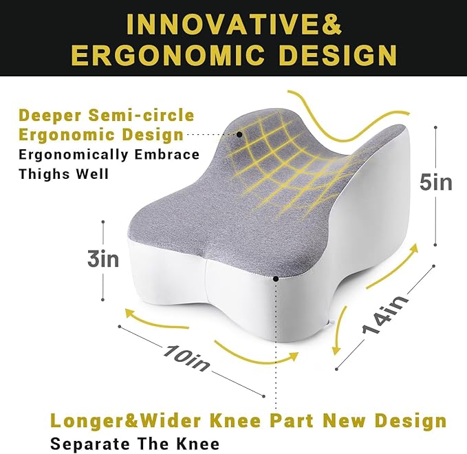 Long 14” Knee Pillow for Side Sleeper Fully Support Thighs and Knees for Required Knee Separation- Leg Pillow for Side Sleeping Between Legs Aligns Spine- Large, Gray