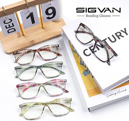 SIGVAN Ladies Reading Glasses Blue Light Blocking Spring Hinge Fashion Pattern Print Eyeglasses for Women