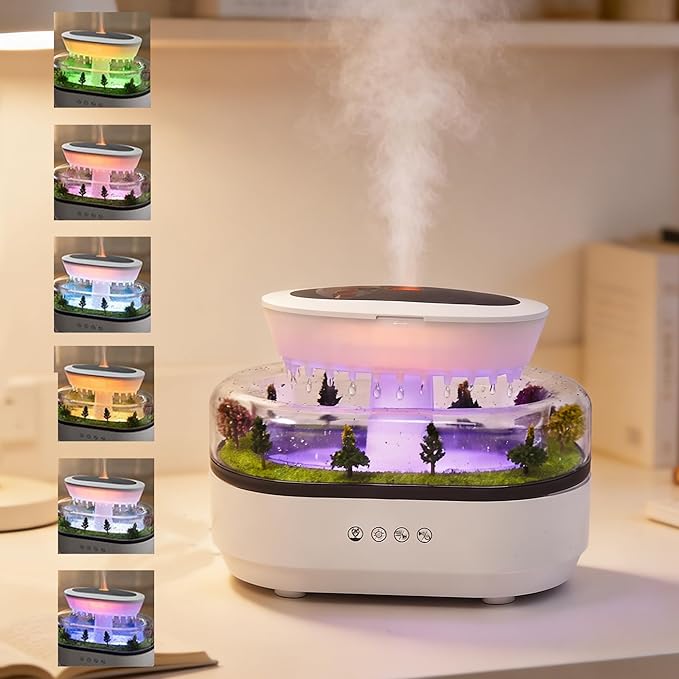 Rain Water Dripr Sounds Essential Oil Diffusers, 7 Colors Rainfall Cloud Humidifier, Silent Rain Lamp Timing Humidifiers with Drip Music Micro Landscape Ultrasonic Diffuser for Bedroom Office Hotel