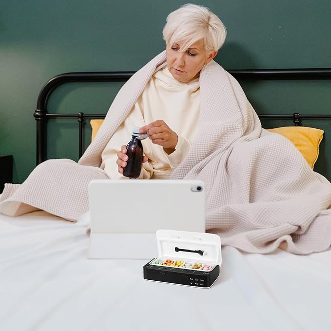 Smart Electronic Medicine Reminder Organizer with Alarm Clock, Portable Pill Storage Box for Elderly, Travel-Friendly Medication Dispenser with Timely Alerts, White