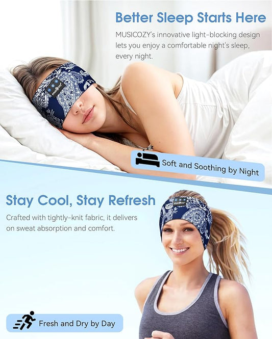 MUSICOZY Sleep Headphones Bluetooth Headband 5.4 Wireless Headband Headphones for Sleeping for Side Sleeper with Ultra-Thin HD Stero Speaker for Workout (Navy Blue)