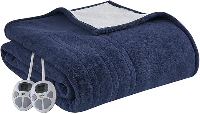 Serta Heated Blanket - Reversible Fleece to Sherpa Electric Blanket, Fast Heating, Auto Shut Off Timer, Multi Heat Setting, ETL Certified, Machine Washable, Blue Queen