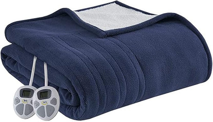 Serta Heated Blanket - Reversible Fleece to Sherpa Electric Blanket, Fast Heating, Auto Shut Off Timer, Multi Heat Setting, ETL Certified, Machine Washable, Blue Queen