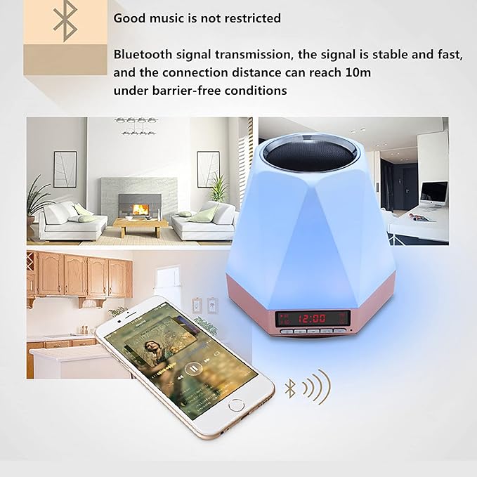 Smart Wake Up Light Alarm Clock, t-Button Dimmable LED Colorful Night Subwoofer 360 ° Stereo Surround Sound,Black(Crack White)