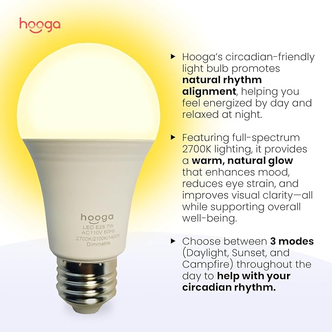 hooga Circadian Rhythm Full Spectrum LED Light Bulb - 2700K, 2100K, 1400K, Flicker-Free, Blue Light Free Night Mode, 7W Energy Efficient Warm White for Sleep, Relaxation & Focus - 2 Pack