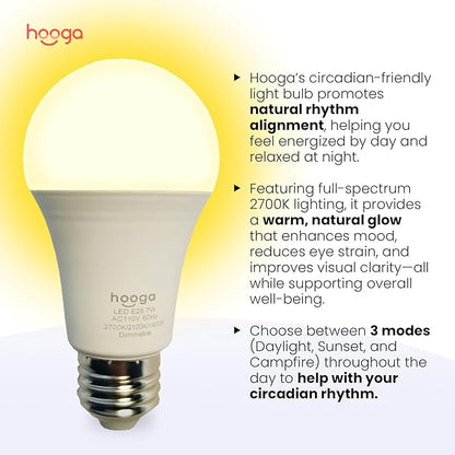 hooga Circadian Rhythm Full Spectrum LED Light Bulb - 2700K, 2100K, 1400K, Flicker-Free, Blue Light Free Night Mode, 7W Energy Efficient Warm White for Sleep, Relaxation & Focus - 4 Pack