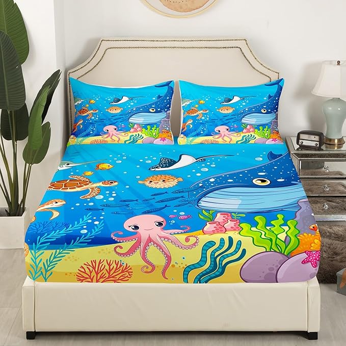 Marine Animals Sheet Queen,Shark Octopus Turtle Coral Bedding Set for Kids Teens Adults,Underwater World Cartoon Sea Blue Bed Sheet 4pcs(Deep Pocket Fitted Sheet + Flat Sheet + 2 Pillowcases)
