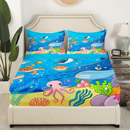 Marine Animals Sheet Queen,Shark Octopus Turtle Coral Bedding Set for Kids Teens Adults,Underwater World Cartoon Sea Blue Bed Sheet 4pcs(Deep Pocket Fitted Sheet + Flat Sheet + 2 Pillowcases)
