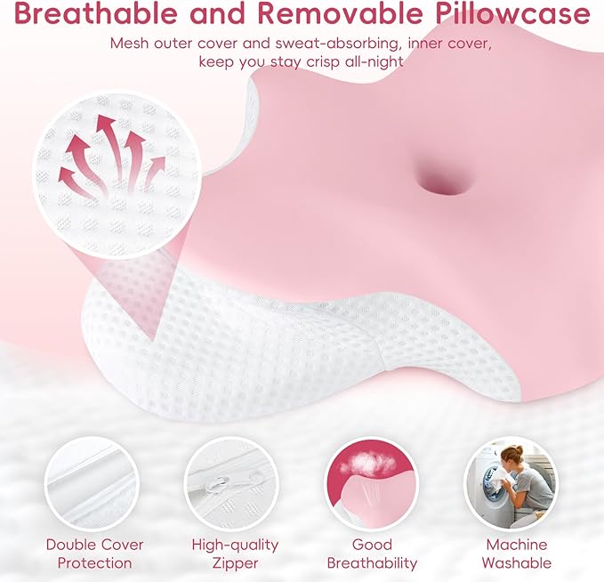 Cervical Neck Pillow for Pain Relief, Ergonomic Contour Pillow for Sleeping, 2 Heights Cooling Pillow for Neck and Shoulder Support, Memory Foam Orthopedic Pillow for Side Back Stomach Sleepers Pink