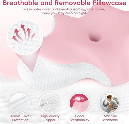 Cervical Neck Pillow for Pain Relief, Ergonomic Contour Pillow for Sleeping, 2 Heights Cooling Pillow for Neck and Shoulder Support, Memory Foam Orthopedic Pillow for Side Back Stomach Sleepers Pink