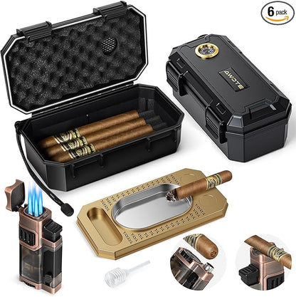 Travel Cigar Humidor Set with Torch Lighter, Ashtray, Holder, Humidifier & Hygrometer, Portable Travel Cigar Case with Cigar Accessories for Men Gift, Butane not included
