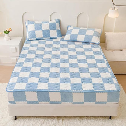 Milk Velvet Checkered Bedding Mattress Cover, Super Soft Elastic Bed Sheets with Pillowcase - Washable 12'' Deep Pocket Mattress Pad