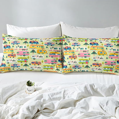 Cartoon Camping Truck Kids Fitted Sheet Queen Size,Camper RV Trailer Adventure Bedding Set,Boys Girls Room Decor,Jungle Pine Trees Rustic Nature Bed Cover,Green Bed Sheet,2 Pillowcases(No Top Sheet)