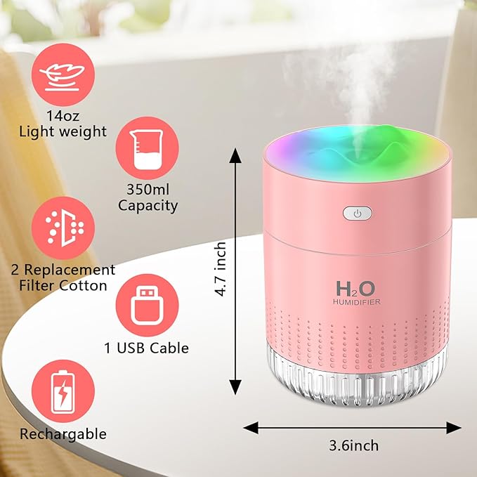 Portable Small Humidifiers for Bedroom Baby, Rechargeable Mini Cool Mist Plant Humidifier for Plants, Quiet Desktop Humidifier with 2 Working Modes & Colorful Night Light for Travel, Office, Bedroom