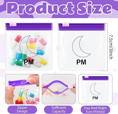 70 Pcs Weekly Pill Pouch Bags Zippered Reusable Medicine Organizer Set Self Sealing Medicine Organizer Travel Plastic Pill Bags with Slide Lock for Small Items Storage(Moon and Sun)