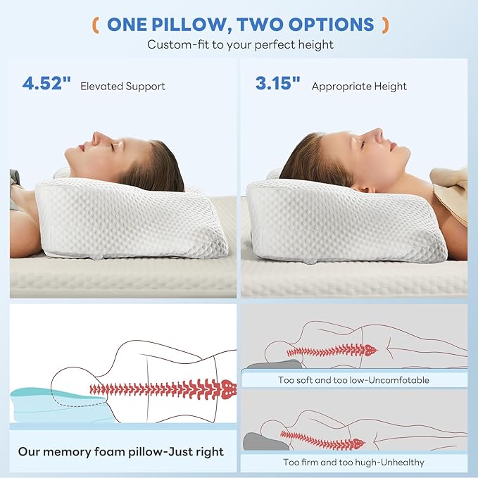 Sweetcrispy Cervical Pillow for Neck and Shoulder - Ergonomic Memory Foam Pillows, Contour Side Sleeper for Adults, Cooling Orthopedic Neck Support for Back Stomach Sleepers, King Size, White