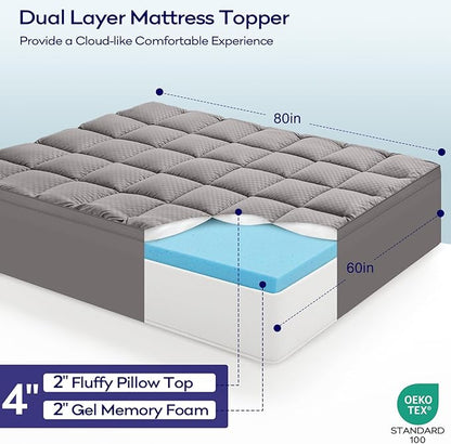OLANLY Dual-Layer 4 Inch Queen Size Memory Foam Mattress Topper for Back Pain, 2 Inch Cooling Pillow Top Mattress Pad Cover and 2 Inch Gel Memory Foam Topper, Deep Elastic Pocket, Light Grey