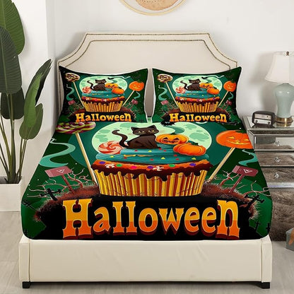 Happy Halloween Green Bedding Set Full Size,Sweet Candy Pumpkin Cake Dessert Trippy Fitted Sheet,Glitter Moon Mystic Bat Cat Animal Sheet Set for Kids Teens Adults Bedroom Decor,2 Pillowcases