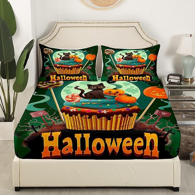 Happy Halloween Green Fitted Sheet Twin Size,Sweet Candy Pumpkin Cake Dessert Trippy Bed Sheet with 1 Pillowcase,Glitter Moon Mystic Bat Cat Animal Soft Decorative Fabric Bedding,Room Gift
