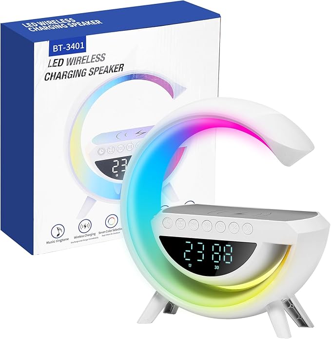 Table Lamp Smart Alarm Clocks Alarm Clocks for Bedrooms White Speaker Wireless Charger Smart Light Sound Machine 9.45 inch Night Light Lamp Sunrise Alarm Clock Restroom Bedroom (Large-Style 3401)
