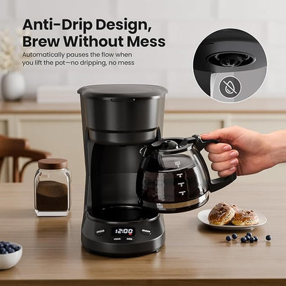 Kismile Compact Drip Coffee Maker, Anti-Drip System, Timer, Removable Funnel & Auto Shut-Off, Anti-Dry Protection, Perfect Small Coffee Machine for Home & Office (Black)