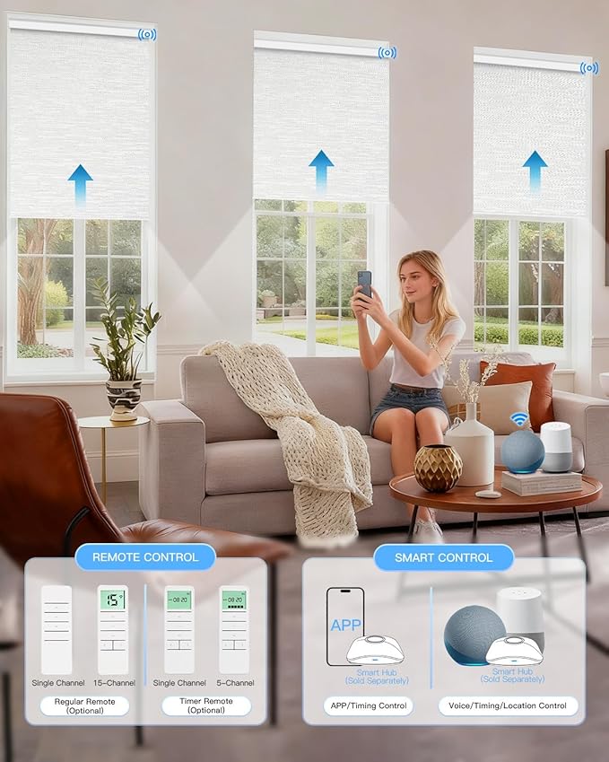 Motorized Roller Shade with Remote Control, Blackout Electric Shade for Windows Compatible with Alexa Google via Hub, Rechargeable Smart Window Blind Customized Size (Texture White)