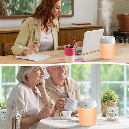 Portable Mini Humidifier, 650ml, Colorful LED Light & Warm Light, Cool Mist, USB, Personal Mini Humidifier for Desktop, Bedroom, Office, Home, Travel, Plants (White)