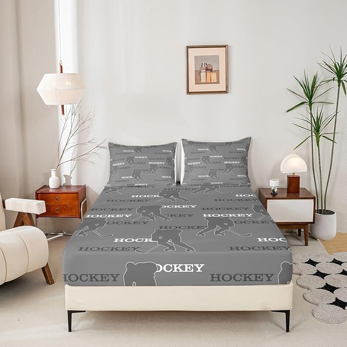 Manfei Hockey Players Kids Sheet Full Size, Bedding Set, Ball Activity Game Kids Room Decor,Gray Sheet(Fitted+Flat+2 Pillowcases)