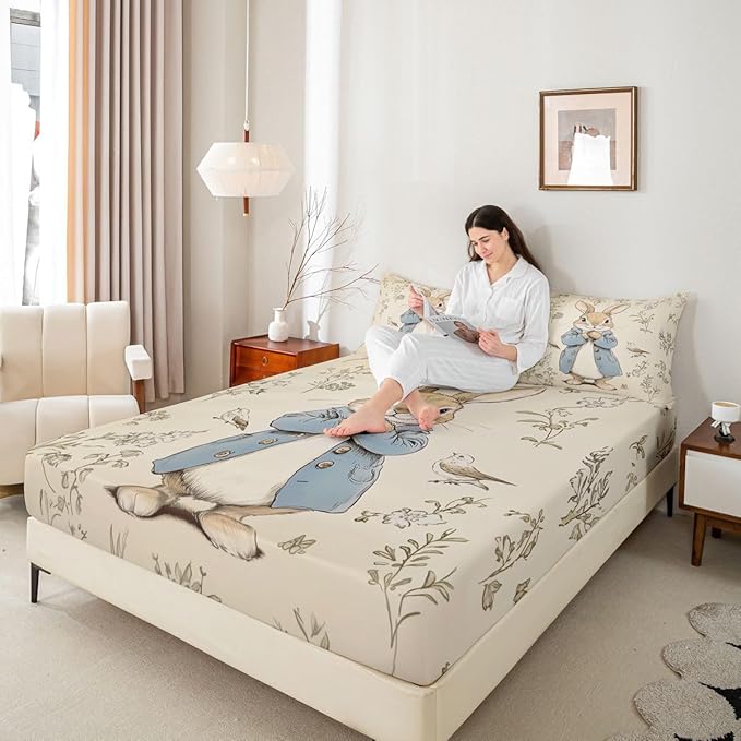 Happy Easter Bed Sheet Twin Size Cartoon Cute Rabbit Bird Bedding Set Spring Plants Farmhouse Fitted Sheet Kids Boys Girls Room Decor Beige Soft Sheets with 1 Pillowcase,No Top Flat