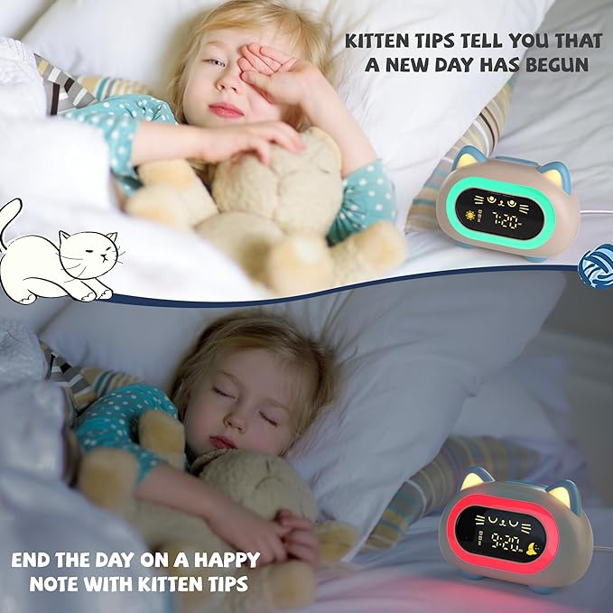 BC-YD-03W-002ds Bedrooms, Kids Alarm Clock with Dual Alarm Snooze Mode 10 Color Night Light Sleep Training Eye Protection Auto Off Timer Blue Cat, Gifts for Kids Girls Boys Teens