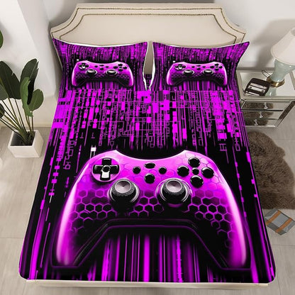 3D Games Gamepad Kids Sheet Full Size,Modern Videogaming Gamer Controller Bedding Set,Boys Girls Room Decor,Geometric Neon Lights Fashion Purple Bed Sheet Set 4pcs(Fitted + Flat + 2 Pillowcases)