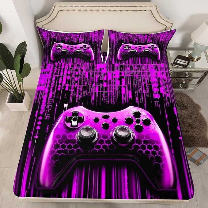 3D Games Gamepad Kids Sheet Queen Size,Modern Videogaming Gamer Controller Bedding Set,Boys Girls Room Decor,Geometric Neon Lights Fashion Purple Bed Sheet Set 4pcs(Fitted + Flat + 2 Pillowcases)