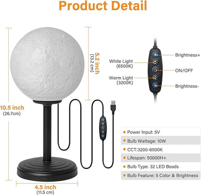 Moon Lamp LED Night Light - Dimmable Bedside Lamps Small Modern Bedroom Lamp LED Desk Light with 25 Lighting Modes 3D Printed Realistic Moon Surface - Perfect for Girls Boys Kids Birthday