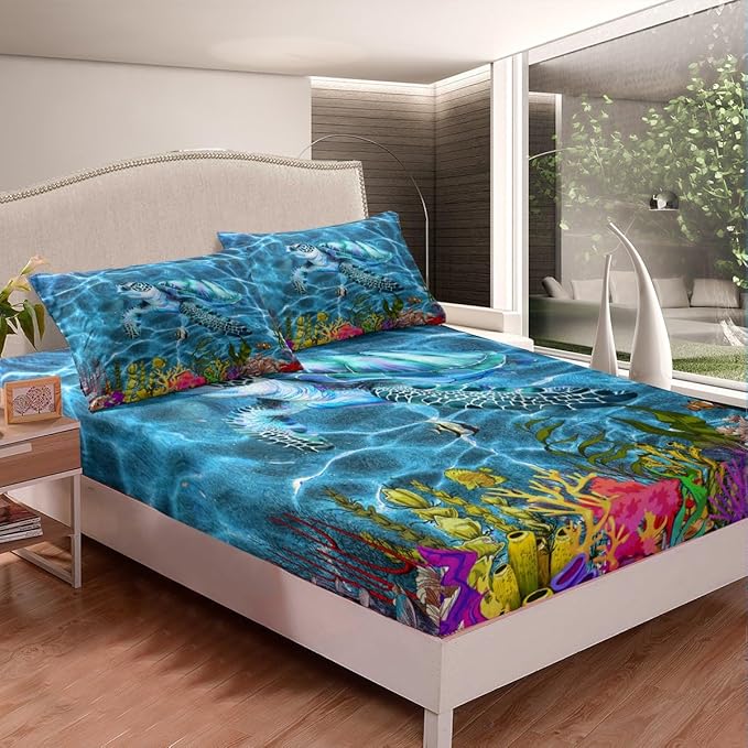 Sea Turtle Kids Fitted Sheet Queen Size,Coral Seaweed Marine Life Bedding Set,Boys Girls Room Decor,World Ocean Animals Bed Cover,Sea Blue Bed Sheet,2 Pillowcases